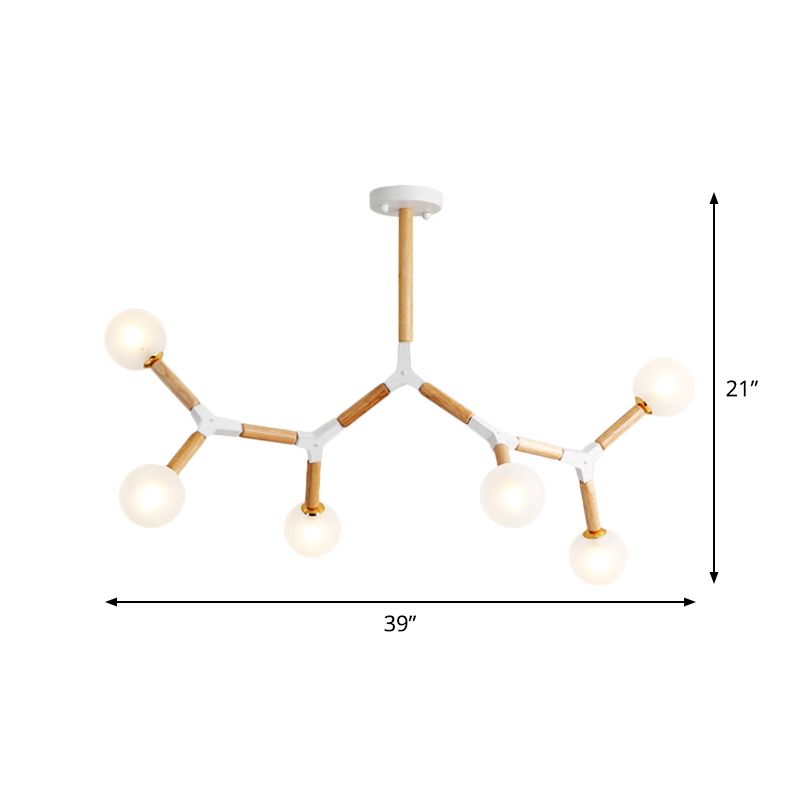 Accensione del lampadario di ramo semplice legno 6 luci kit lampada sospesa beige con sfera glassata in vetro