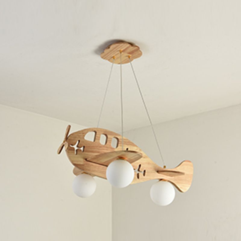 Modern Artistic Airplane Chandelier Wooden Indoor Hanging Lamp with White Glass Shade