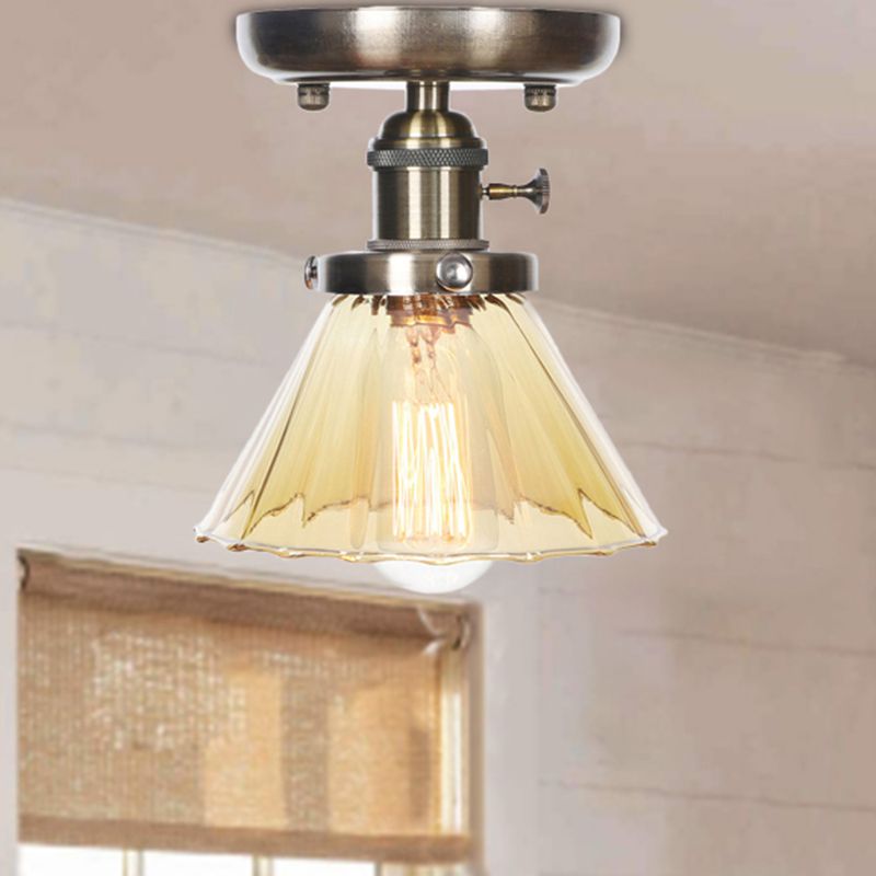 1 Light Ceiling Lighting Industrial Cone/Bell/Rhombus Clear/Amber Glass Semi Flush Mount Light in Bronze