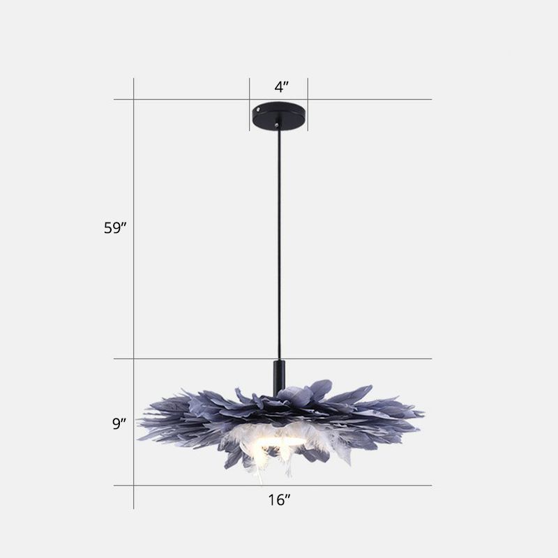 Floral Feather Hanging Light Fixture Artistic 1 Head Black and Blue Pendant Lamp for Bedroom