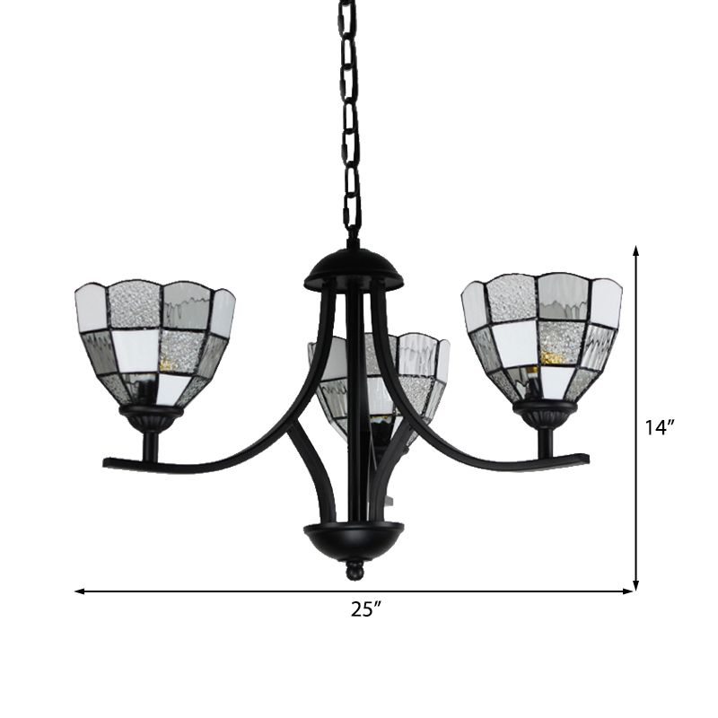 3 Lights Bowl Ceiling Hanging Light White Glass Tradition Chandelier Lamp in Black Finish for Foyer