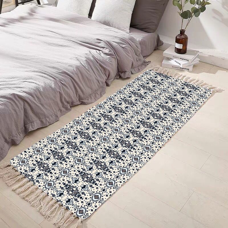 Beige Bohemian Rug Cotton Blended Graphic Rug Washable Rug for Bedroom