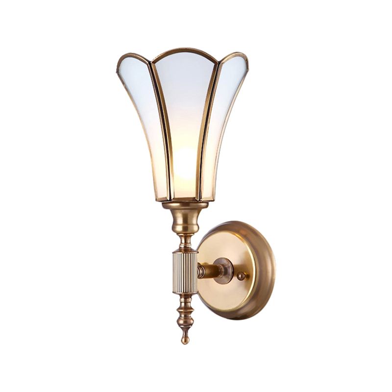 Brass 1-Light Wall Light Sconce Traditional Metal Flower Wall Mounted Lamp with Milk Bevel Glass Shade