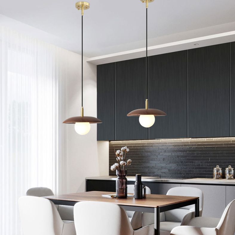 Dark Brown Saucer Pendant Lighting Simple 1-Light Wooden Ceiling Light with White Glass Shade