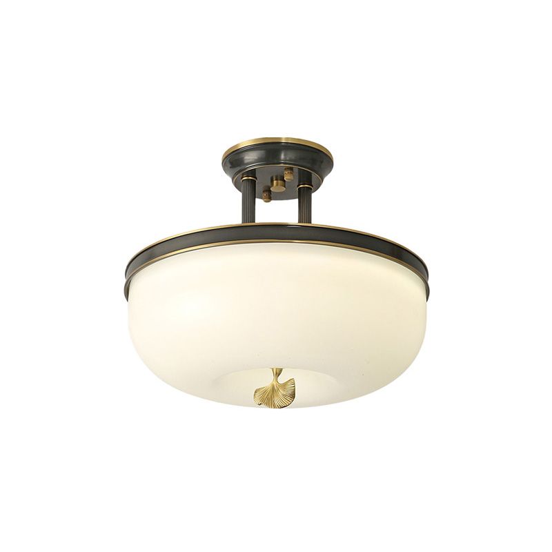 Traditionalism Bowl Semi Flush Mount Frosted Glass LED Close to Ceiling Lighting Fixture in Black/Gold, 12"/16" Width