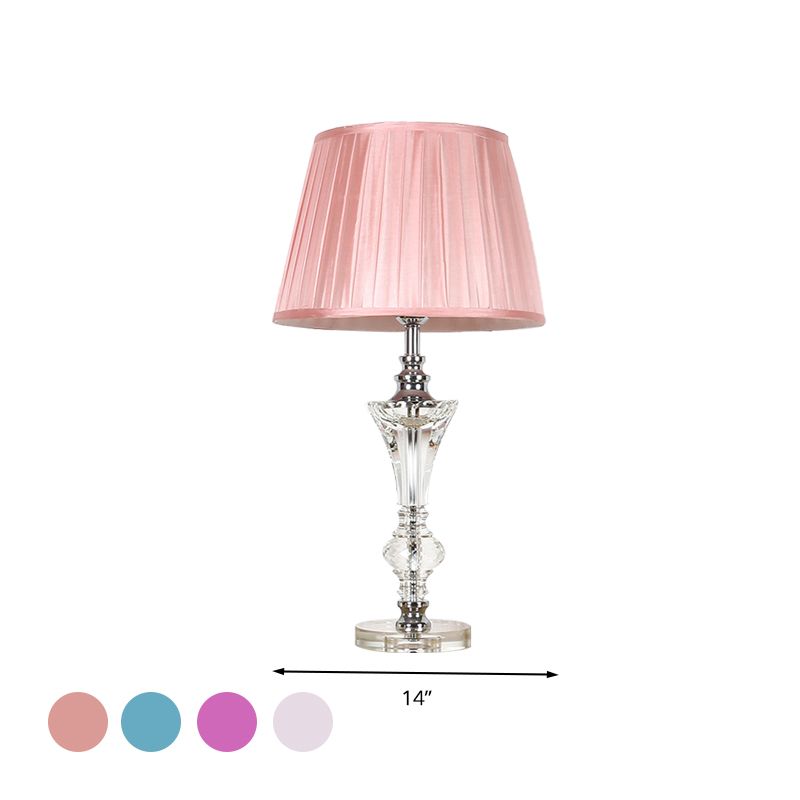 Single Head Table Light Countryside Conical Fabric Night Lamp in Pink/Blue/Beige with Clear Crystal Base
