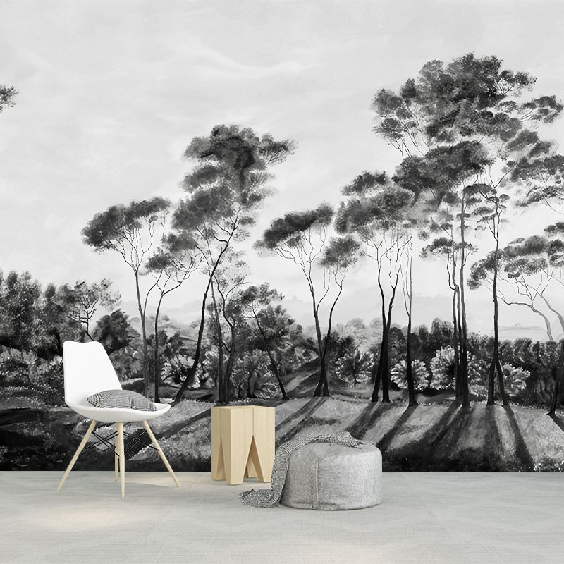 Modern Road Bush Landscape Mural Decal Black-White Stain Resistant Wall Decor for Bedroom