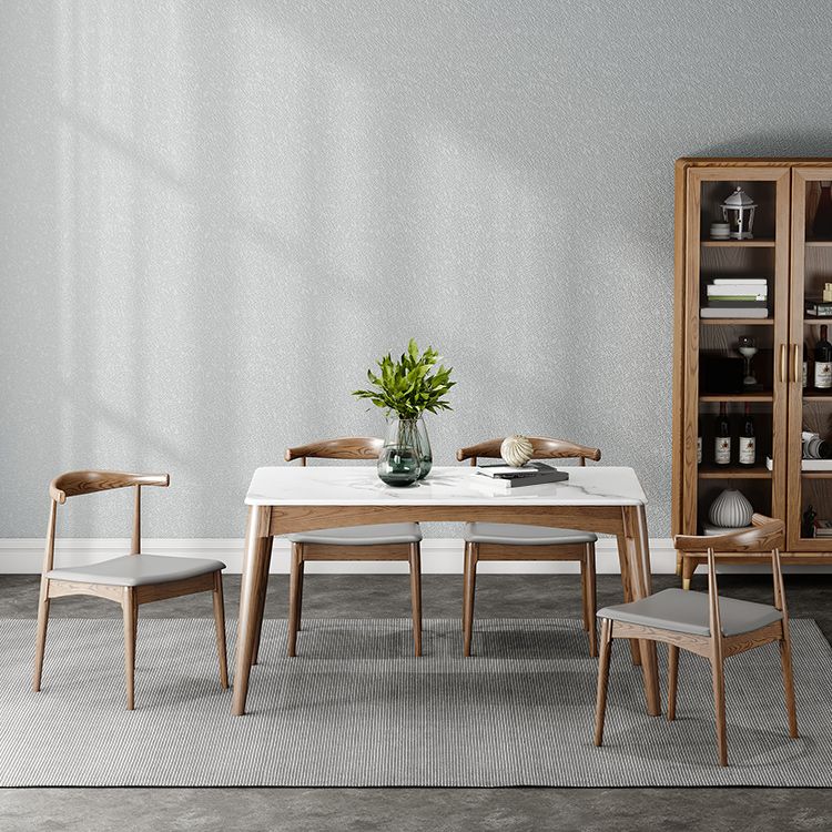 Mid-Century Modern Dining Table Stone Top Table with 4 Wood Legs