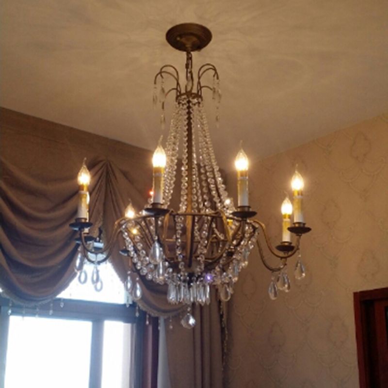 Bronze Finish Candle Chandelier Countryside Metal Living Room Ceiling Light with Crystal Drape