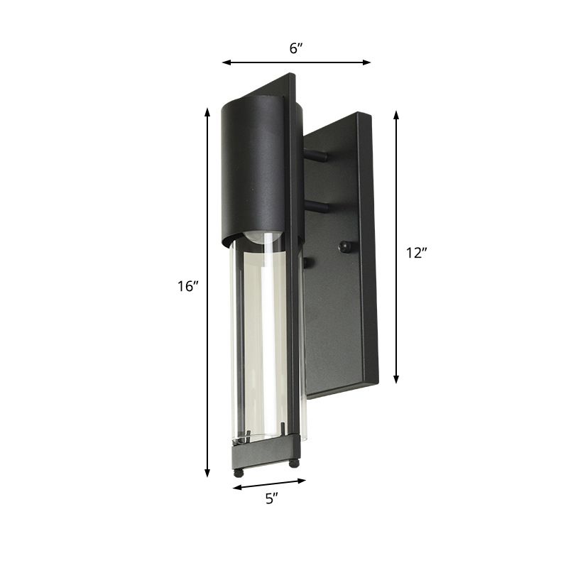 1 Light Metal Wall Sconce Lamp Modern Black/Rust Tube Outdoor Wall Mounted Light with Clear Glass Shade