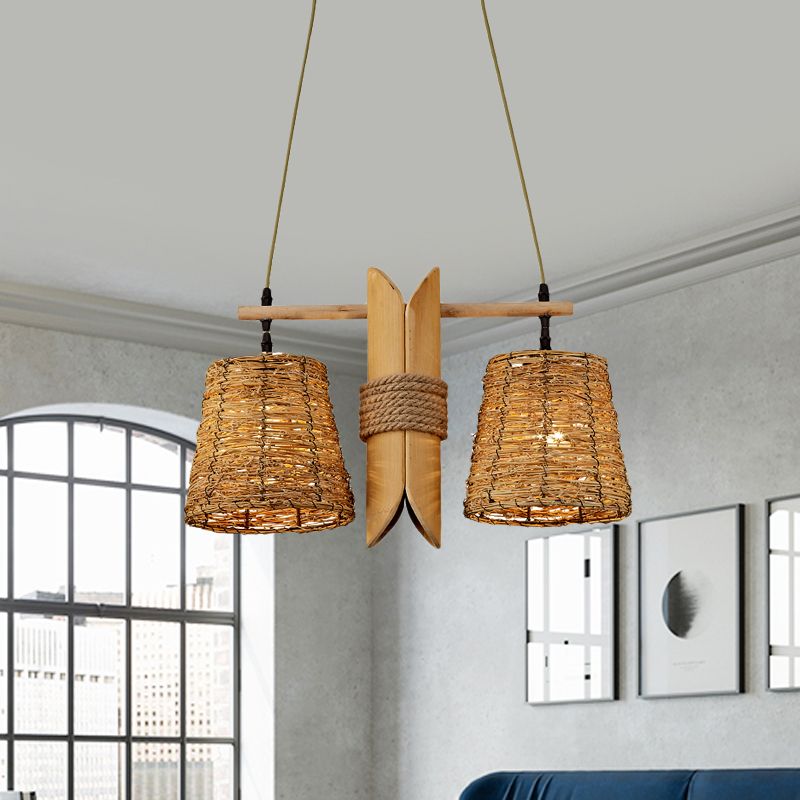 Conic Restaurant Island Ceiling Light Farm Rattan 2 Heads Beige Pendant Lamp with Bamboo Tube Decor