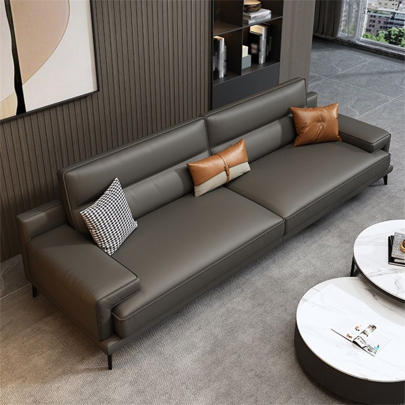 Genuine Leather Stationary Stain Resistant Living Room Gray Sofa