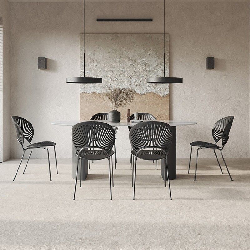 Metal Contemporary Oval Dining Table Sintered Stone Top Table with Double Pedestal Base