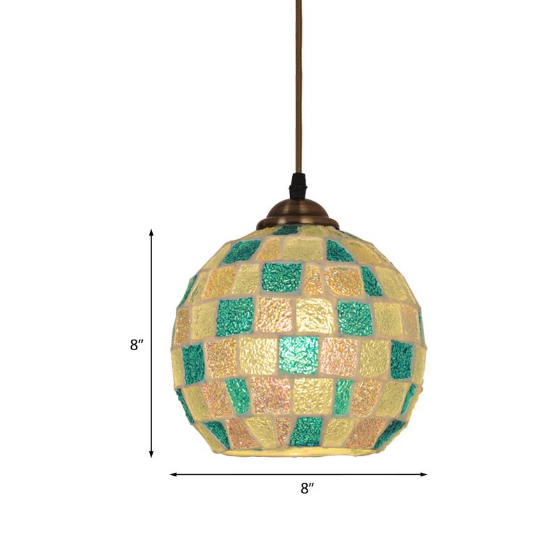 Tiffany Checkered Globe Pendant Lamp Single Green and White Glass Hanging Light Fixture