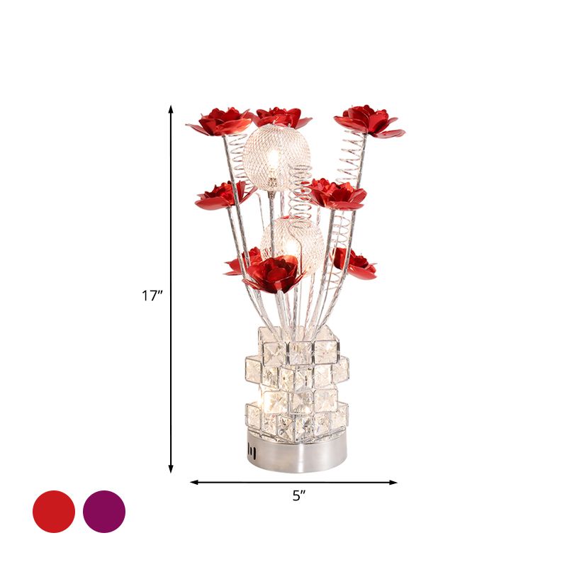 Lampada da tavolo floreale Art Decor Lampada da scrivania a LED in alluminio con base in blocco di cristallo in viola/rosso per comodino