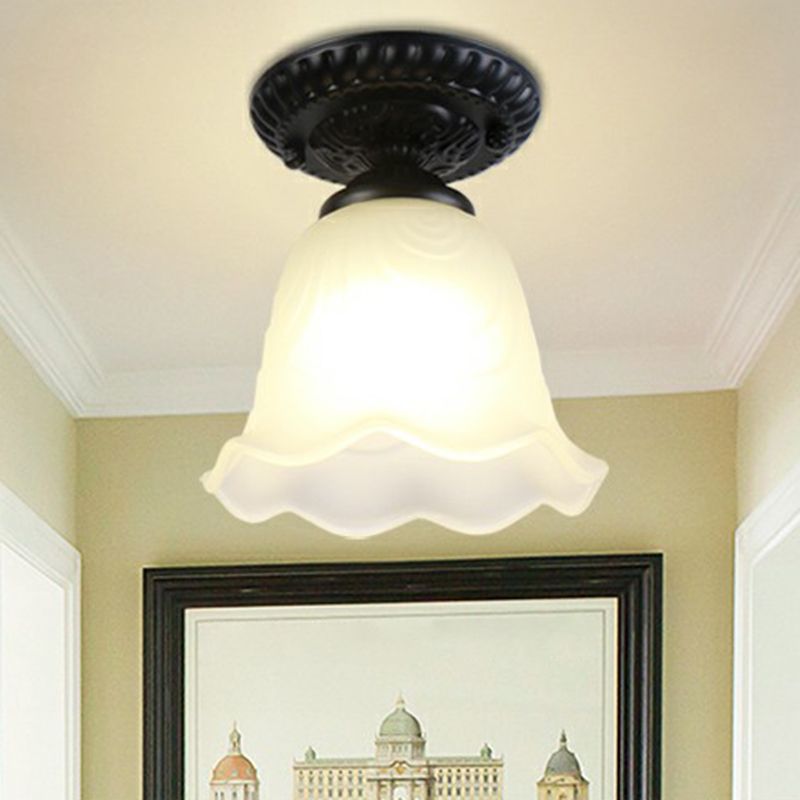 Black Bell Semi Flush Traditional Frost Glass 1-Light Corridor Flush Ceiling Light Fixture