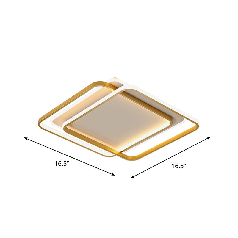 Double Square/Rectangle Parlor Ceiling Lamp Metal Minimalist LED Flush Mount Light in Gold, Warm/White Light