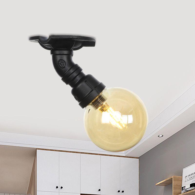 Global Amber Glass Semi Flush Light Fixture Industrial 1 Head Foyer Ceiling Mounted Lamp in Black