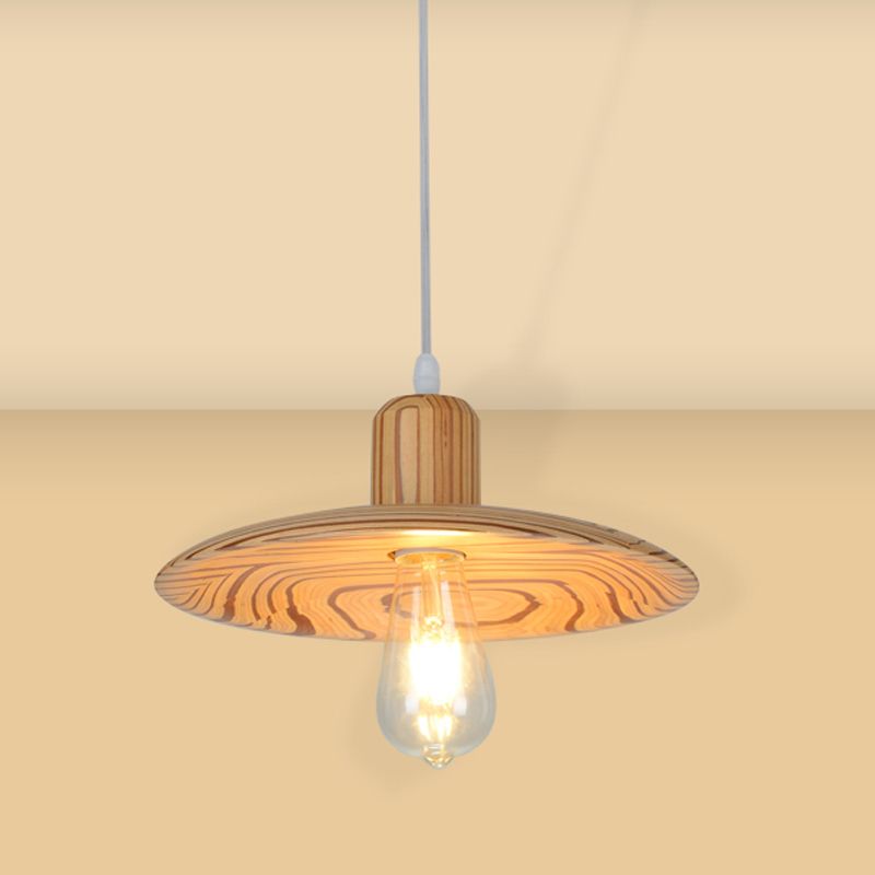 Wood Disk Shape Down Lighting Minimalist 1 Light Beige/Orange Red Hanging Pendant Lamp for Dining Room