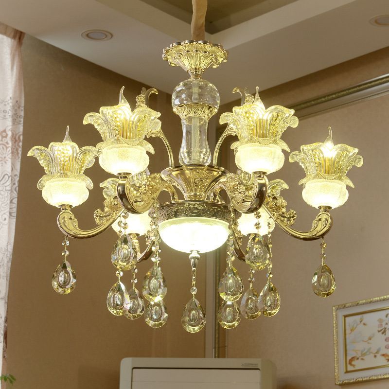 6 Lights Floral Hanging Chandelier Mid-Century Gold Crystal Ceiling Suspension Lamp