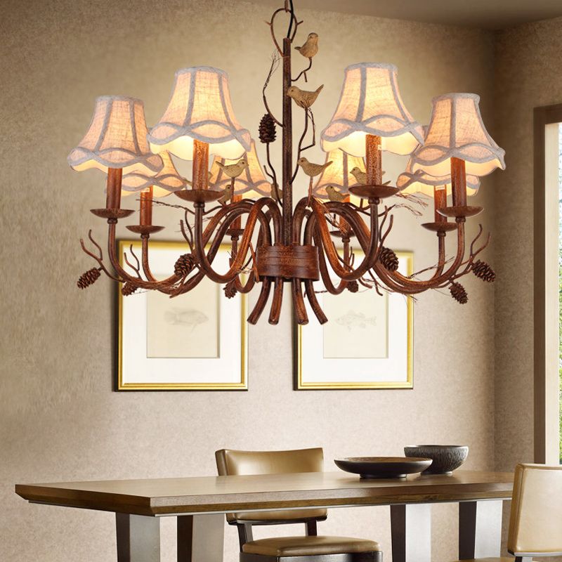Brown Scalloped Pendant Lighting Rustic Metal 8 Lights Living Room Chandelier with White Fabric Shade and Pinecone