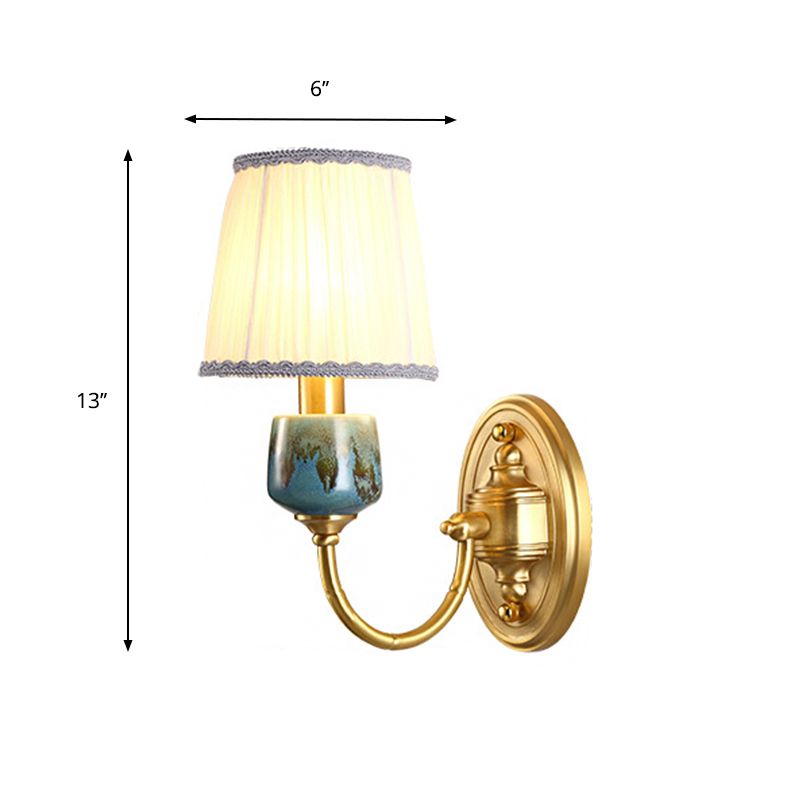 Brass 1/2-Light Wall Hanging Light Classic Metal Swooping Arm Wall Lamp with Cone Fabric Shade