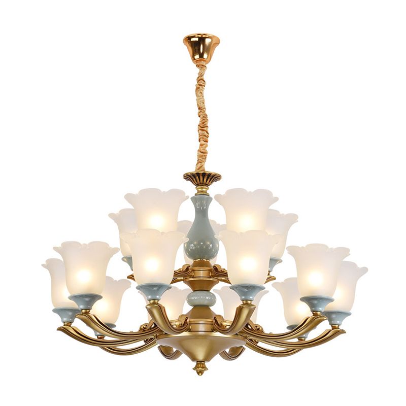 Frosted Glass Blue Chandelier Lighting Flared Classic Pendant Light with Ruffled Edge for Living Room