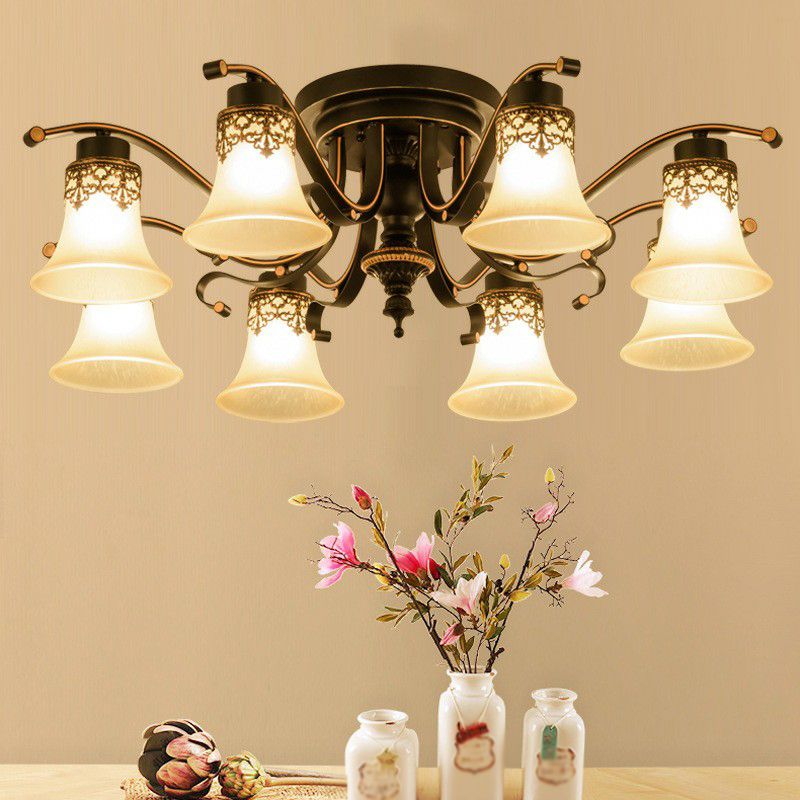 Beige Glass Bell Semi Flush Traditionelle Wohnzimmer Deckenmontage Kronleuchter in Schwarz