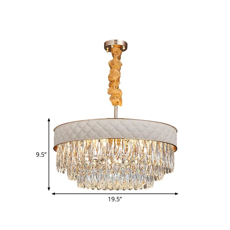 White 9/15 Heads Chandelier Light Contemporary Crystal Raindrops Drum Ceiling Pendant, 19.5"/23.5" Wide