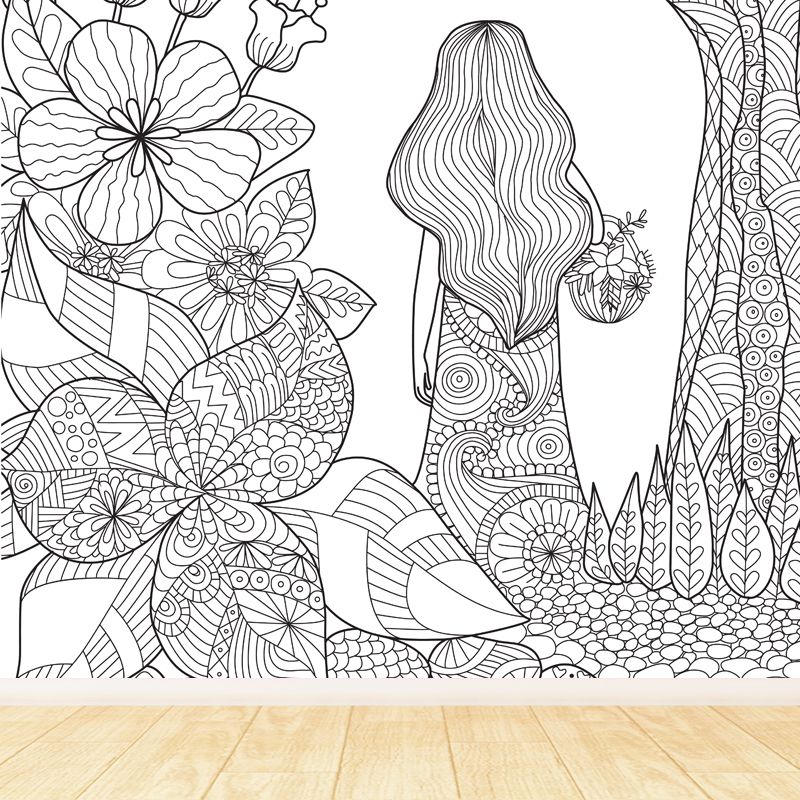 Art Deco Blossoming Wall Mural Black and White Stain-Proof Wall Covering for Girls Room