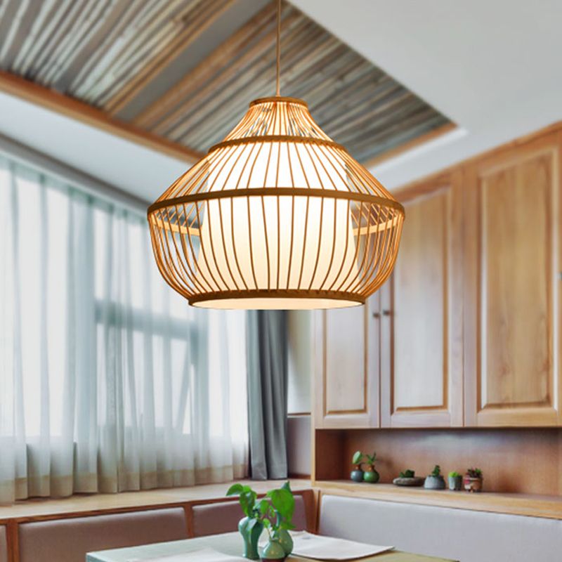 Cylinder/Donut/Raindrop Hanging Pendant Light Asian Bamboo 1 Bulb Beige Ceiling Light with Shade Inside