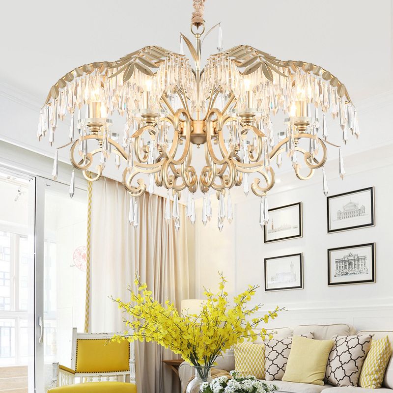 Crystal Palm Leaf Chandelier Colonial Style Dining Room Ceiling Suspension Lamp in Gold