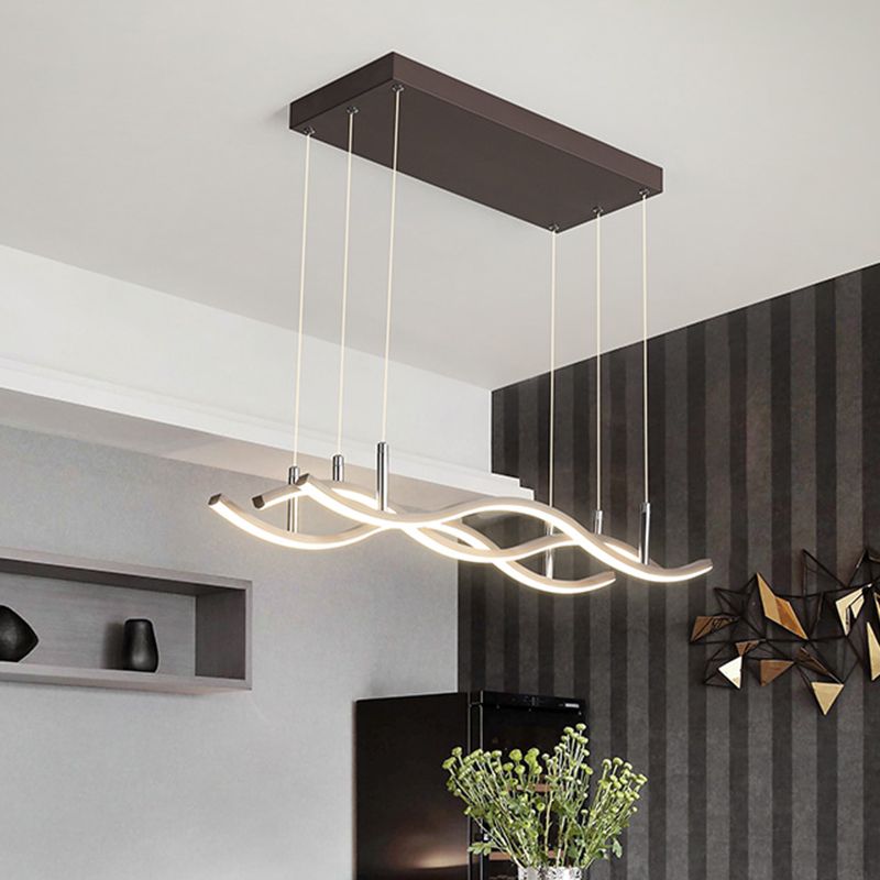 Metallic Wavy Linear Island Lighting Minimalism LED Suspension Lamp in Coffee, Warm/White Light
