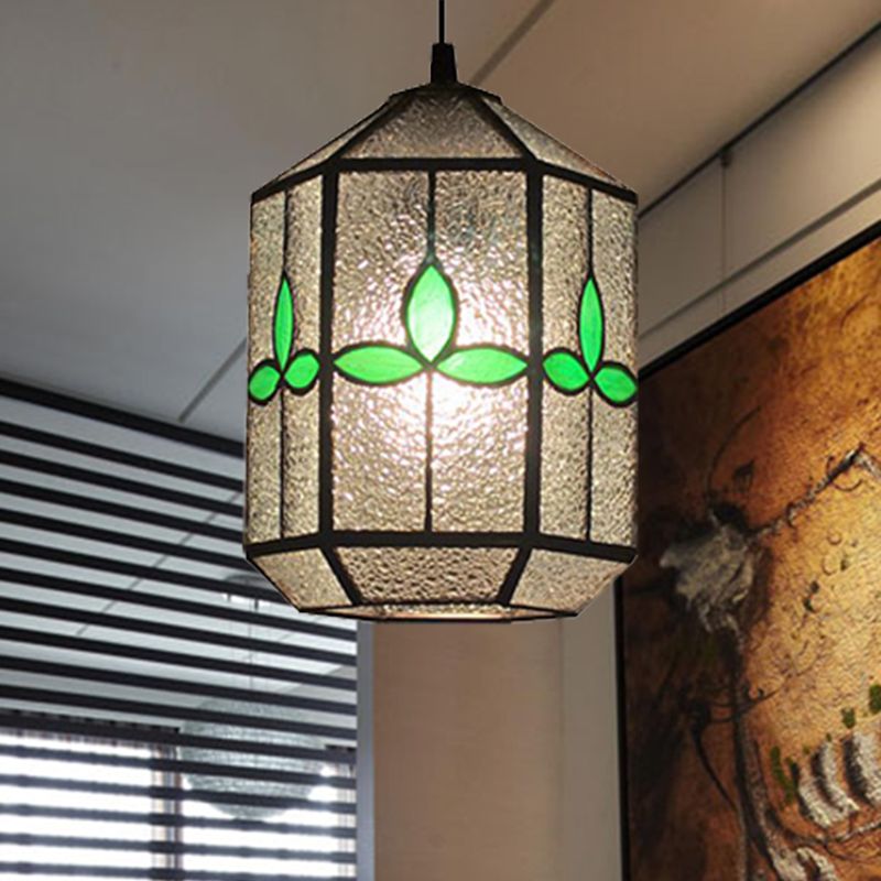 Cylinder Stainless Glass Hanging Light Tiffany Style 1 Light Red/Green Down Lighting with Rhombus/Leaf Pattern