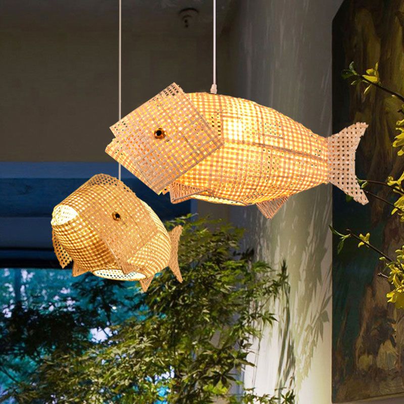 Fischgeformte Restaurant hängen leichter Bambus 1 Kopf Asiatischer Deckenanhänger in Holz