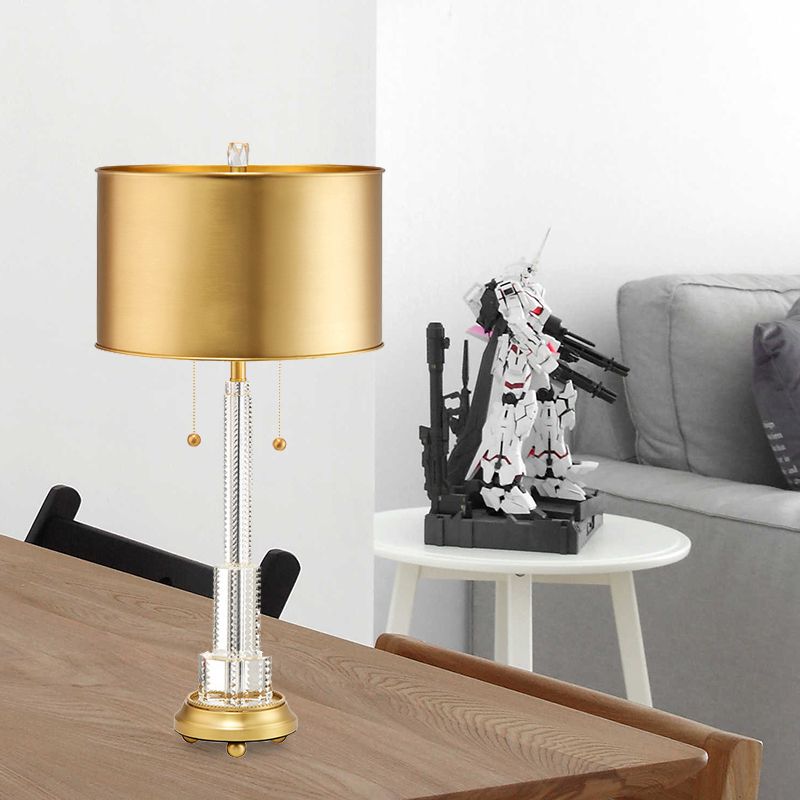 Klarer kristallgeschichtetes Tischlampe ländliche Einheit Schlafzimmer Nachtlicht in Gold mit Trommelmetallschatten