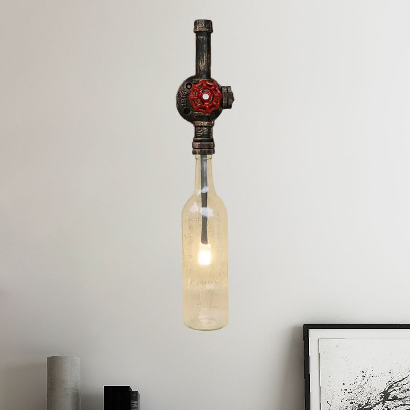 Glass Wine Bottle Wall Lighting Rustic Industrial 1 Light Restaurant Blue/Clear Wall Sconce Light with Red Valve