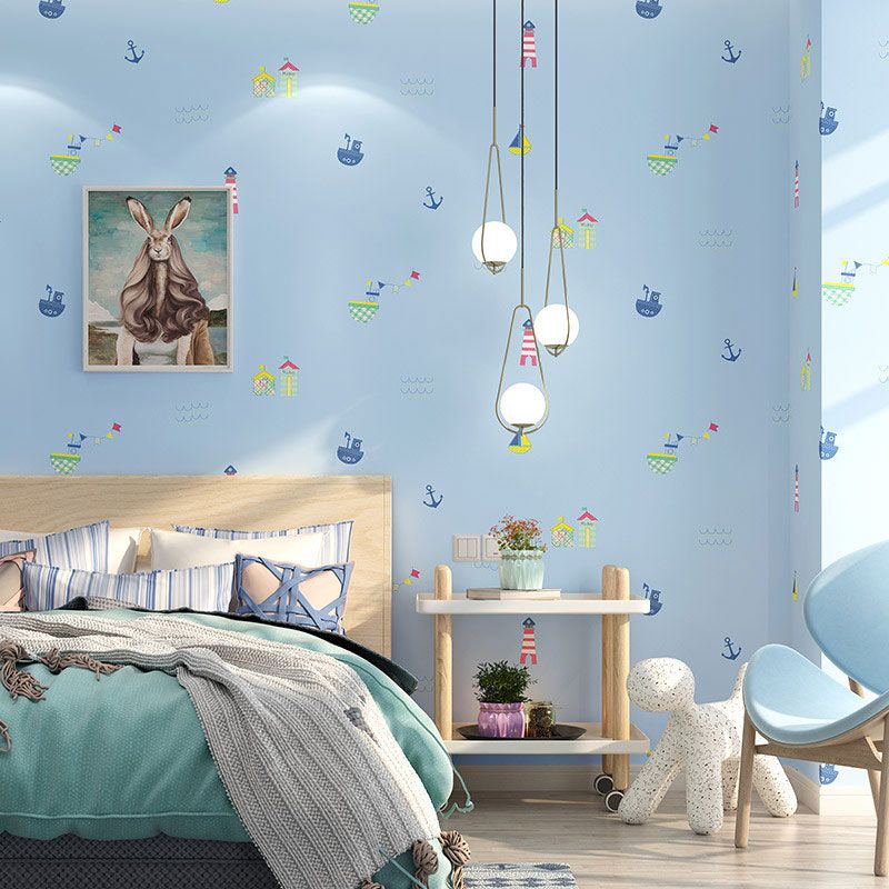 Pastel Boat and Beacon Wallpaper Stain-Resistant Wall Art for Children's Bedroom,Non-Pasted