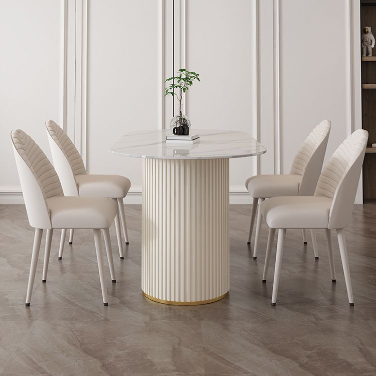 Oval Sintered Stone Dining Table Modern Table in White with Metal Double Pedestal
