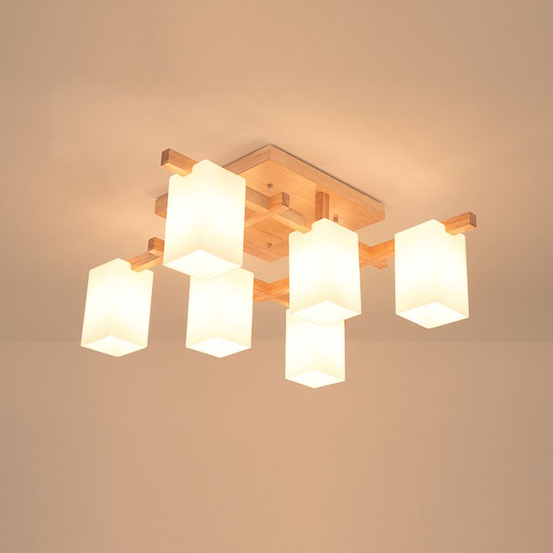 Square Semi Flush Light Modern Wood Living Room Flush Mount Ceiling Chandelier with Rectangle White Glass Shade