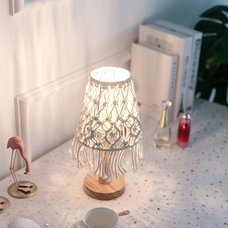 Geel kegel nachtkastje verlichting landelijk touw 1 lichte slaapkamer nachtlampje met houten basis