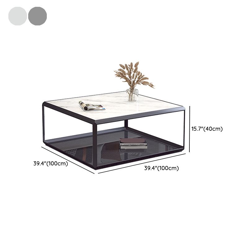 Geometric Slate & Glass Coffee Table Modern Simple Cocktail Table with Floor Shelf