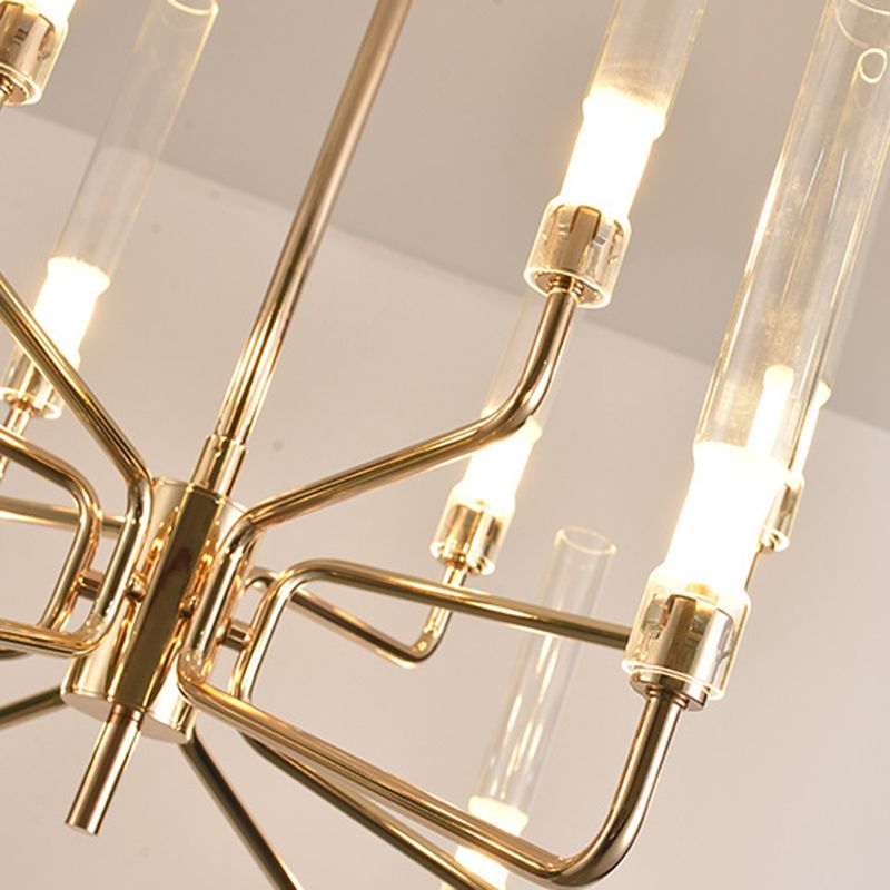 Gold Metal Pendant Light Mid-Century Cylindrical Clear Glass Shade Chandelier Lighting for Living Room