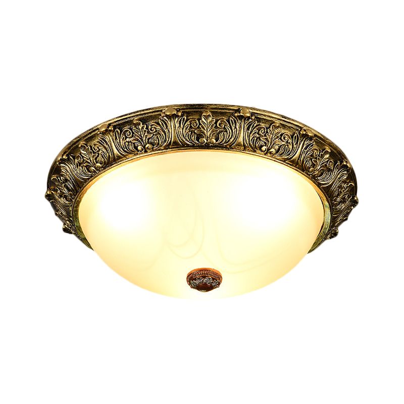 Plafonnier en forme de dôme de style rustique, 11 / 15 / 19 po, éclairage encastré à 2/3 têtes en verre opalin, blanc/laiton