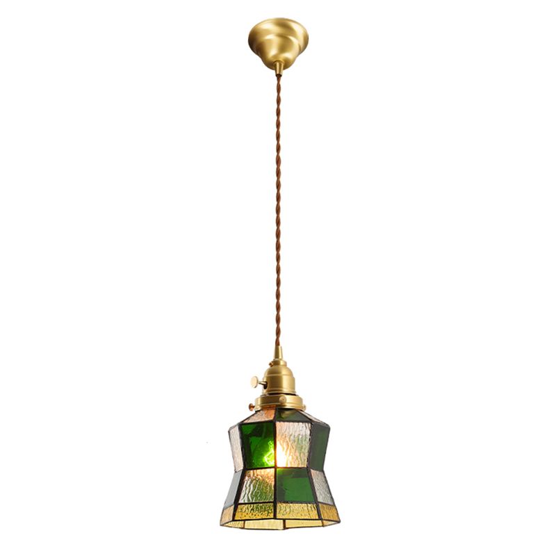 Stained Glass Shade Tiffany Hanging Light Brass Bedroom Mini Pendant Lamp with 63" Hanging Wire