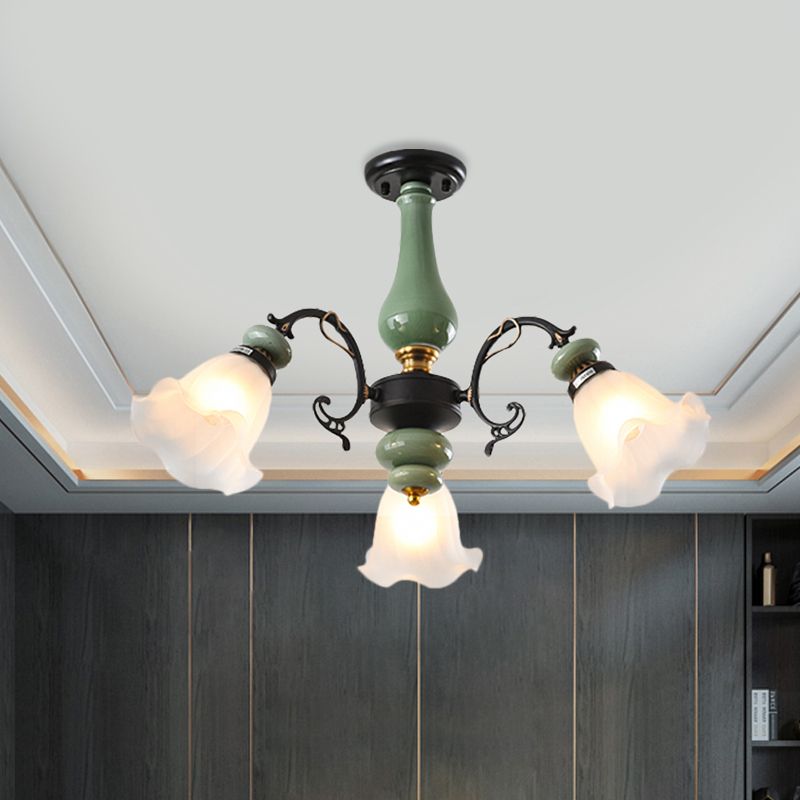 Gold/Black Floral Semi Mount Lighting Traditional Opal Glass 3/5 Heads Bedroom Close to Ceiling Lamp