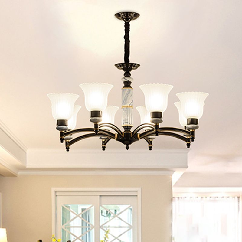 Ribbed Frosted Glass Flared Chandelier Vintage Bedroom Pendant Light with Scalloped Edge in Black