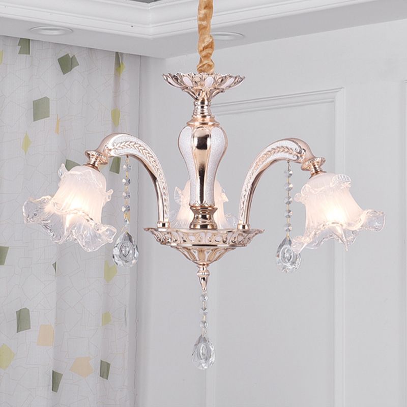 3/6 teste il lampadario a soffitto floreale tradizionale a sospensione in cristallo oro per camera da letto