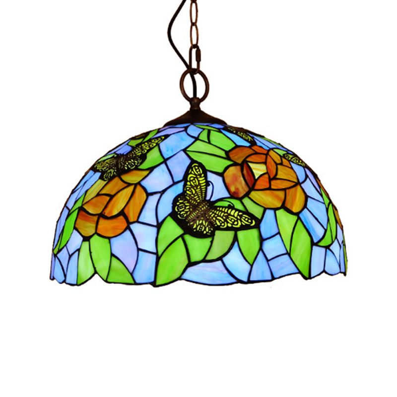 White/Red 1 Light Pendant Light Fixture Mediterranean Stained Glass Butterfly Hanging Lamp Kit