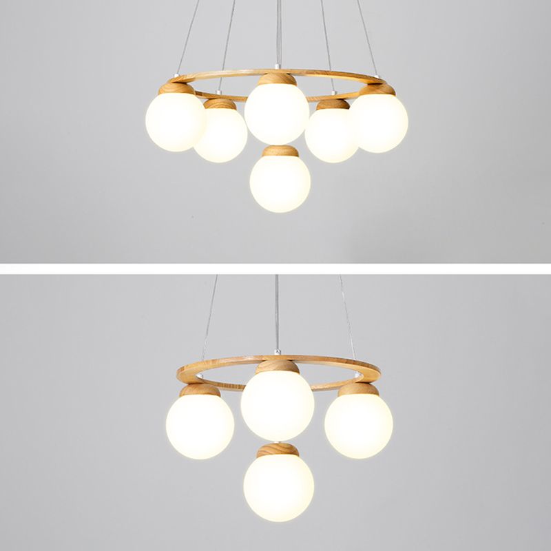 Wooden Circle Chandelier Nordic Style Hanging Light with Ball White Glass Shade